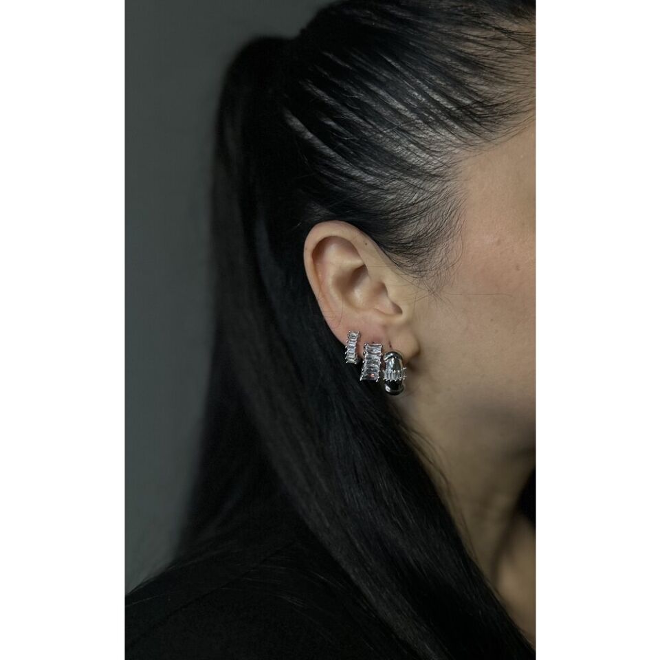 Poes Üçlü Silver Çelik Küpe